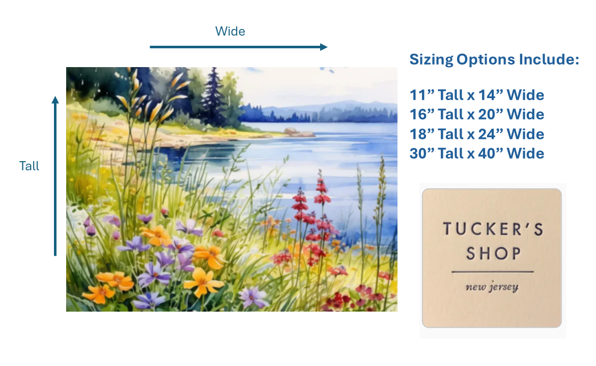 Beautiful Botanical Wildflowers Overlooking a Peaceful Lake Watercolor Canvas Print Wall Art Floral Decor or the Perfect Housewarming Gift