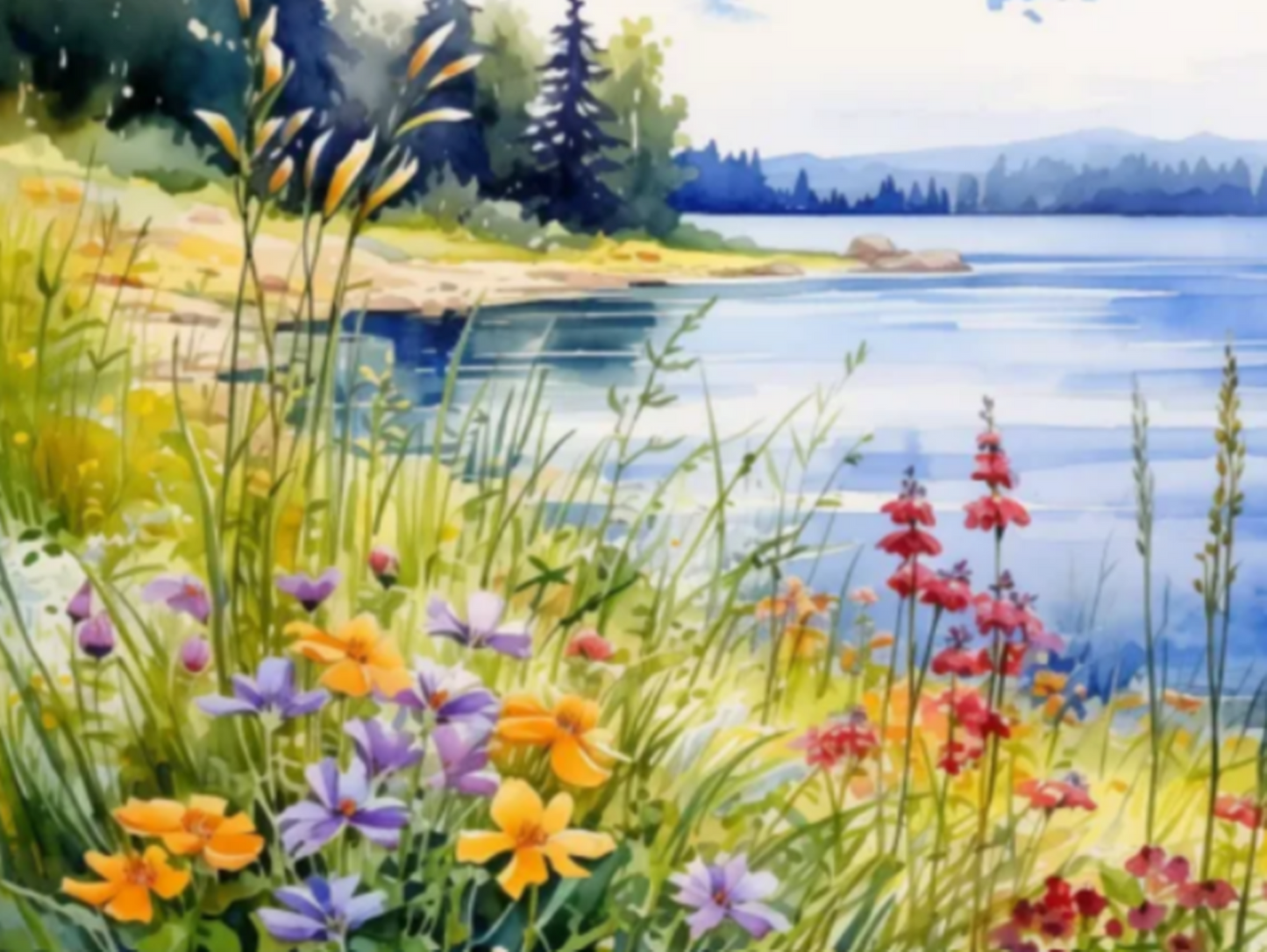Beautiful Botanical Wildflowers Overlooking a Peaceful Lake Watercolor Canvas Print Wall Art Floral Decor or the Perfect Housewarming Gift