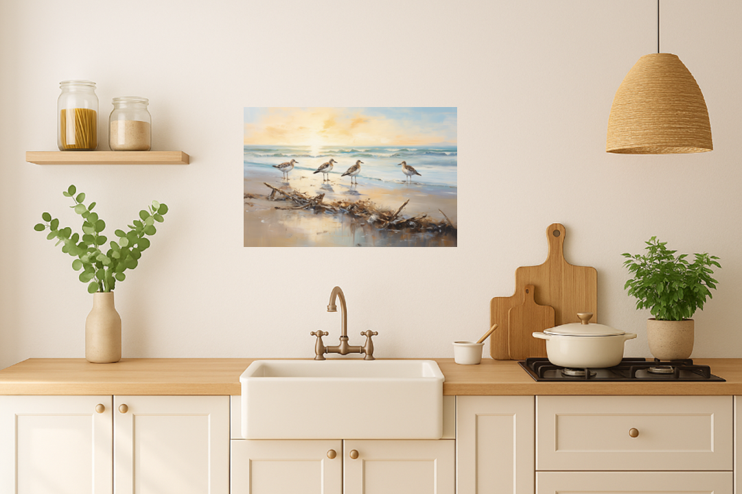 Driftwood Beach Scene with Sandpipers | Coastal Decor, Ocean Art Print, Seascape Painting for Beach Lovers