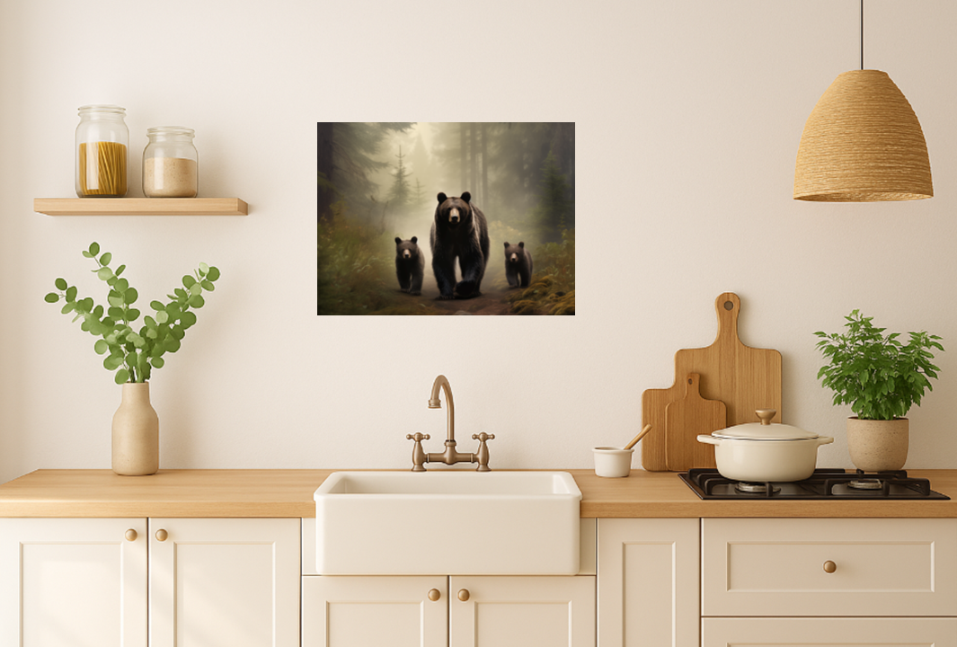 Bear Family in Misty Forest - Bear Wall Art, Wildlife Art Print, Forest Animal Art - Mother Bear and Cubs Print, Rustic Cabin Art - Perfect for Nature Lovers