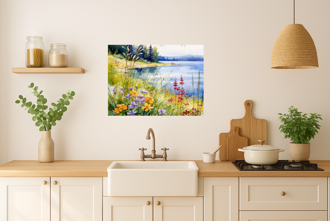 Beautiful Botanical Wildflowers Overlooking a Peaceful Lake Watercolor Canvas Print Wall Art Floral Decor or the Perfect Housewarming Gift