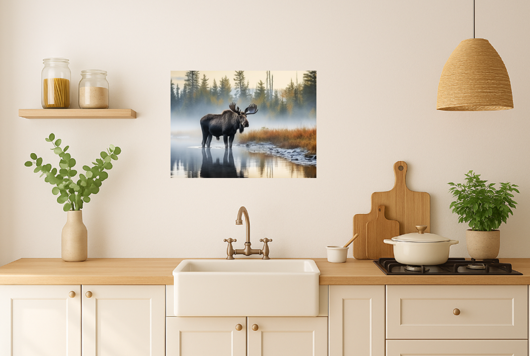 Moose in Misty Lake at Sunrise - Moose Wall Art, Wildlife Wall Art, Nature Wall Decor - Rustic Cabin Decor, Autumn Forest Print - Perfect for Nature Lovers