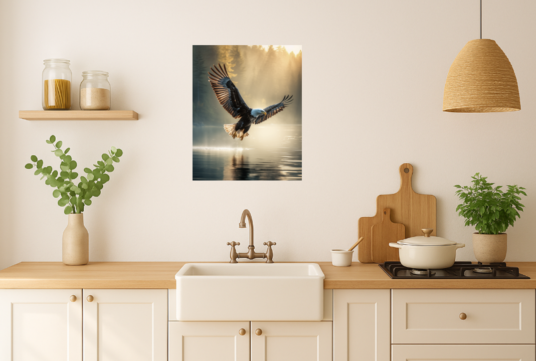 Majestic Bald Eagle Over Misty Lake - Bald Eagle Wall Art, Wildlife Print, Nature Wall Art, Forest Lake Wall Art, Sunrise Forest Art - Perfect for Nature Lovers and Rustic Cabin Decor