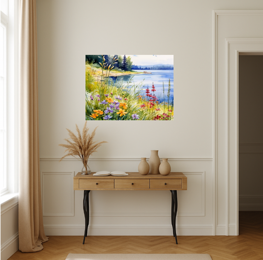 Beautiful Botanical Wildflowers Overlooking a Peaceful Lake Watercolor Canvas Print Wall Art Floral Decor or the Perfect Housewarming Gift
