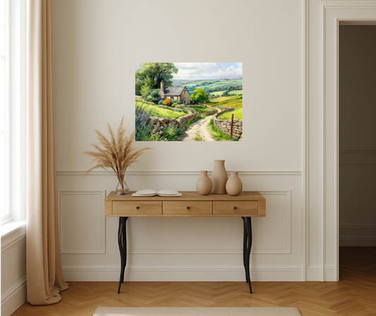 Irish Cottage Landscape Painting with Stone Wall - Peaceful Ireland Print for Cozy Home Decor or Housewarming Gift