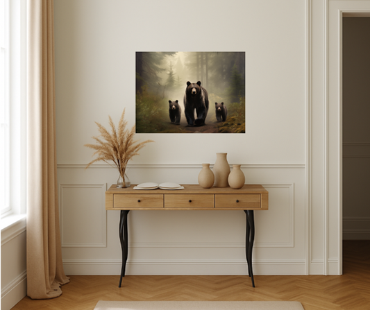 Bear Family in Misty Forest - Bear Wall Art, Wildlife Art Print, Forest Animal Art - Mother Bear and Cubs Print, Rustic Cabin Art - Perfect for Nature Lovers