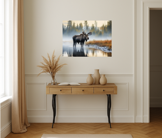 Moose in Misty Lake at Sunrise - Moose Wall Art, Wildlife Wall Art, Nature Wall Decor - Rustic Cabin Decor, Autumn Forest Print - Perfect for Nature Lovers