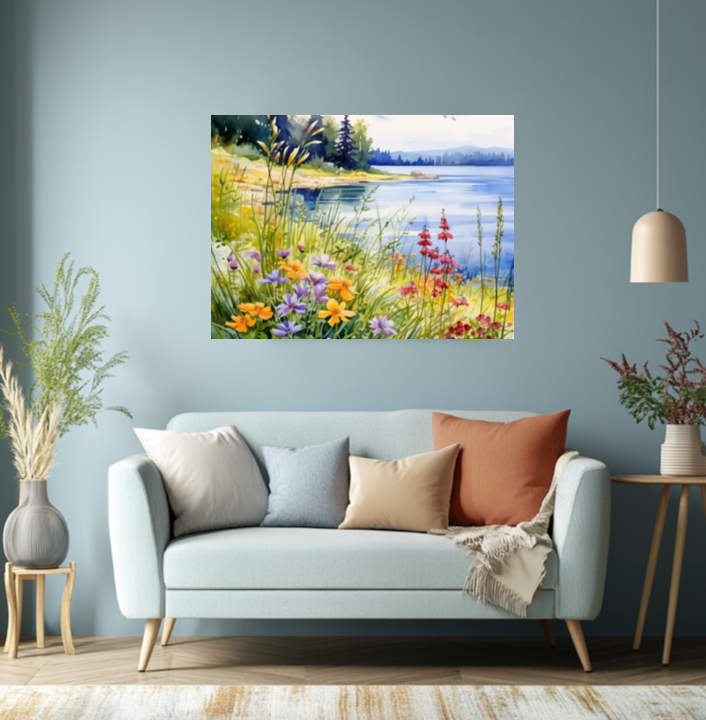 Beautiful Botanical Wildflowers Overlooking a Peaceful Lake Watercolor Canvas Print Wall Art Floral Decor or the Perfect Housewarming Gift