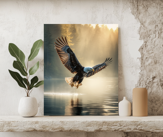 Majestic Bald Eagle Over Misty Lake - Bald Eagle Wall Art, Wildlife Print, Nature Wall Art, Forest Lake Wall Art, Sunrise Forest Art - Perfect for Nature Lovers and Rustic Cabin Decor