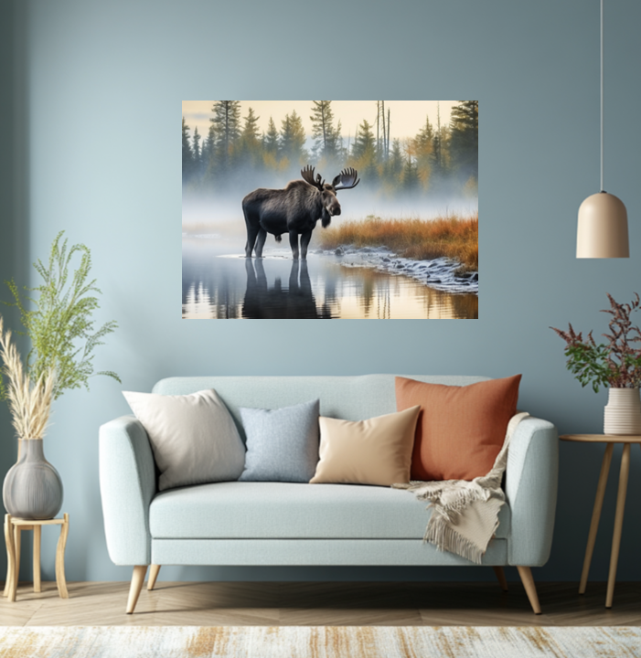 Moose in Misty Lake at Sunrise - Moose Wall Art, Wildlife Wall Art, Nature Wall Decor - Rustic Cabin Decor, Autumn Forest Print - Perfect for Nature Lovers