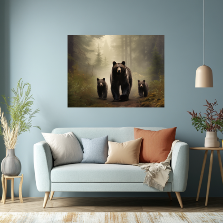 Bear Family in Misty Forest - Bear Wall Art, Wildlife Art Print, Forest Animal Art - Mother Bear and Cubs Print, Rustic Cabin Art - Perfect for Nature Lovers