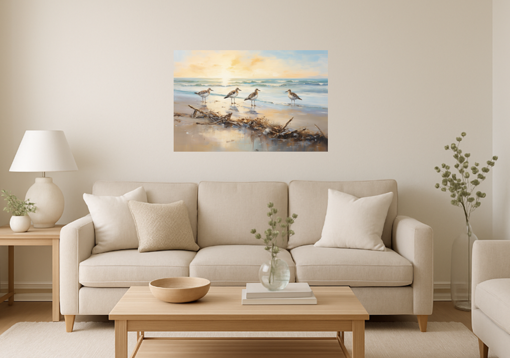 Driftwood Beach Scene with Sandpipers | Coastal Decor, Ocean Art Print, Seascape Painting for Beach Lovers