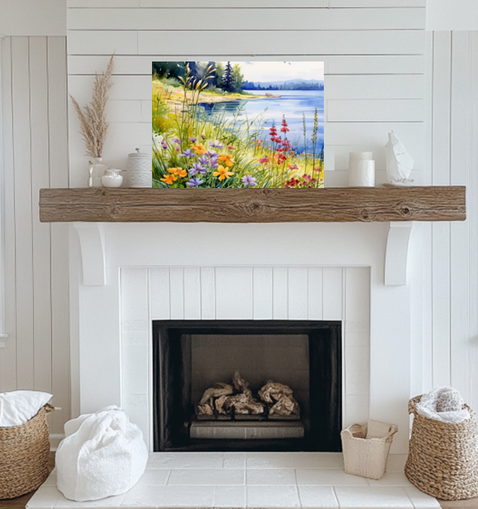 Beautiful Botanical Wildflowers Overlooking a Peaceful Lake Watercolor Canvas Print Wall Art Floral Decor or the Perfect Housewarming Gift