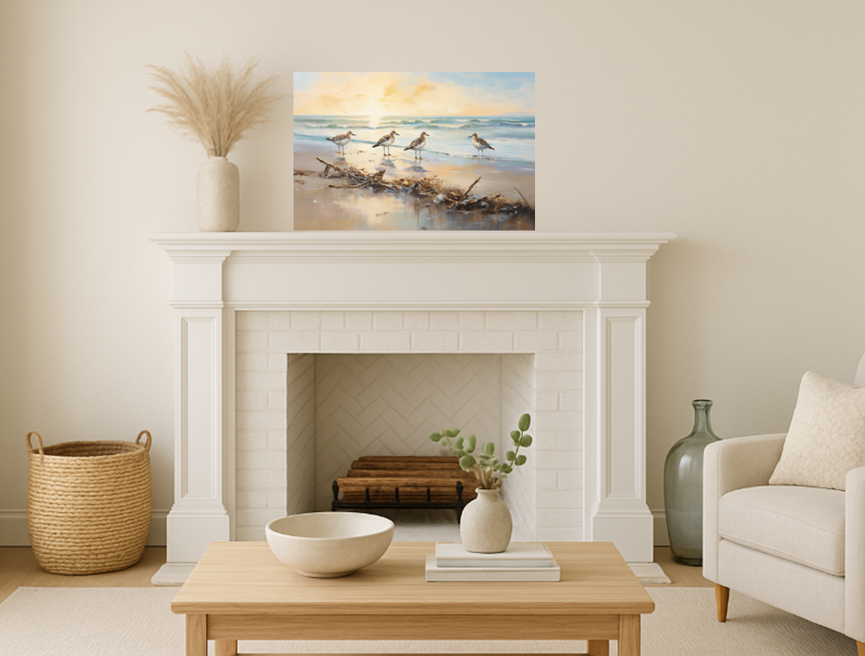 Driftwood Beach Scene with Sandpipers | Coastal Decor, Ocean Art Print, Seascape Painting for Beach Lovers