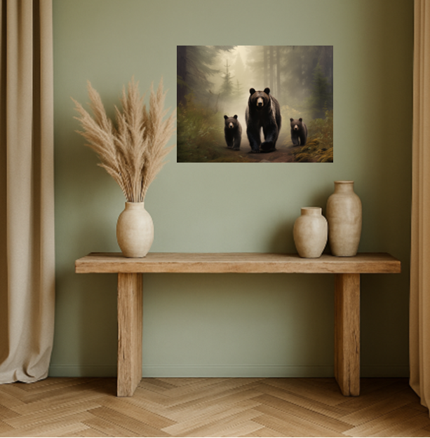 Bear Family in Misty Forest - Bear Wall Art, Wildlife Art Print, Forest Animal Art - Mother Bear and Cubs Print, Rustic Cabin Art - Perfect for Nature Lovers