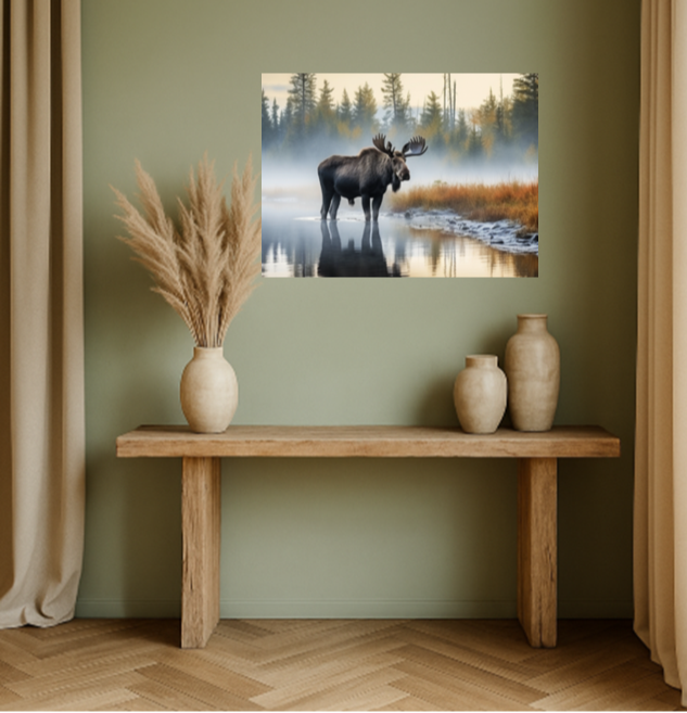 Moose in Misty Lake at Sunrise - Moose Wall Art, Wildlife Wall Art, Nature Wall Decor - Rustic Cabin Decor, Autumn Forest Print - Perfect for Nature Lovers