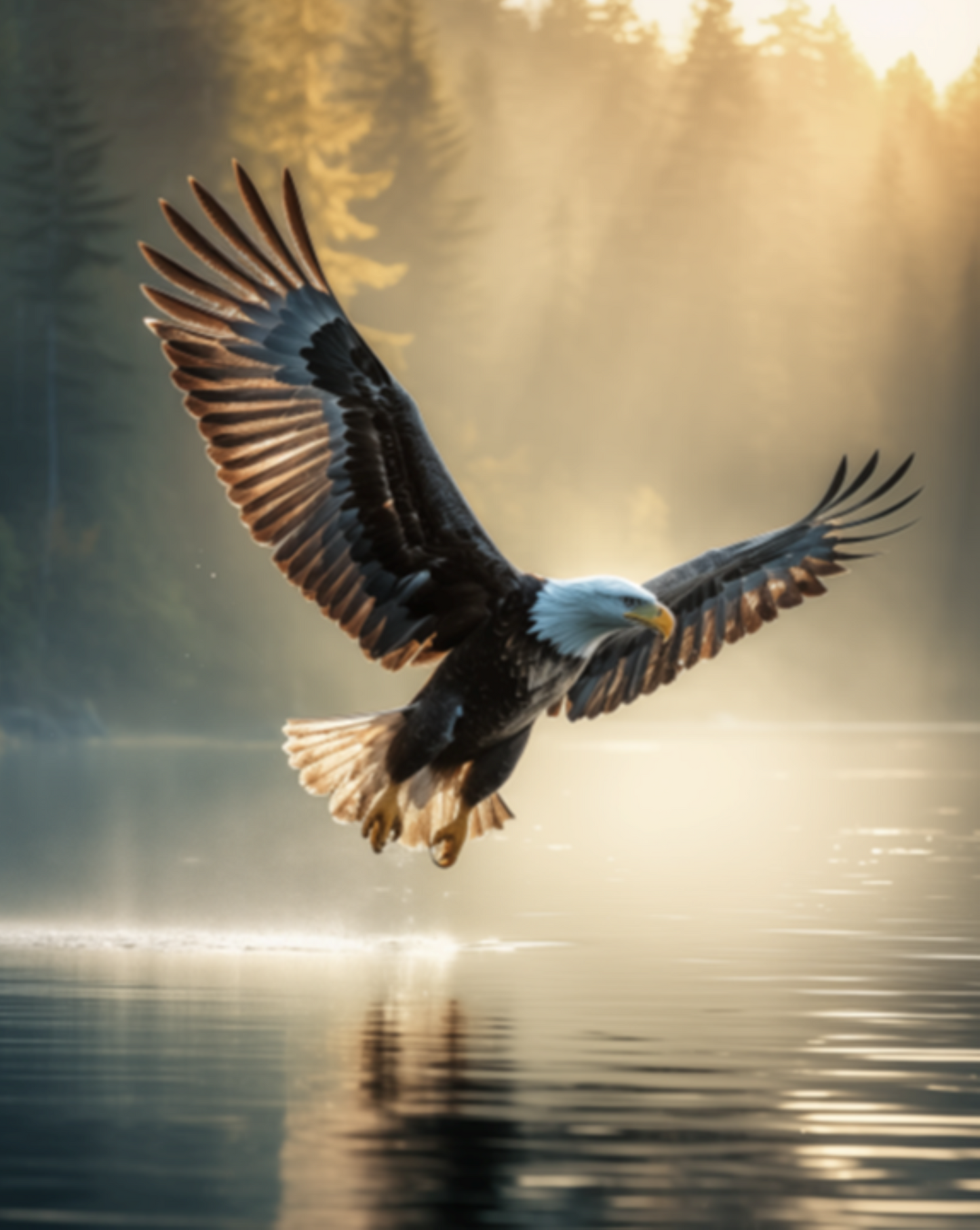 Majestic Bald Eagle Over Misty Lake - Bald Eagle Wall Art, Wildlife Print, Nature Wall Art, Forest Lake Wall Art, Sunrise Forest Art - Perfect for Nature Lovers and Rustic Cabin Decor