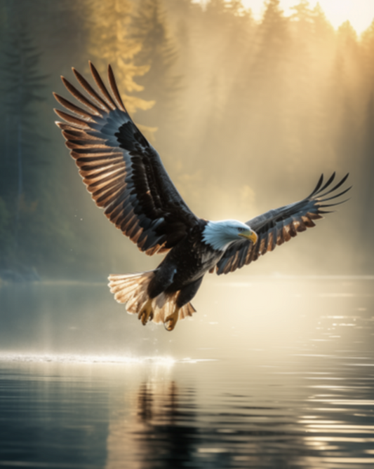 Majestic Bald Eagle Over Misty Lake - Bald Eagle Wall Art, Wildlife Print, Nature Wall Art, Forest Lake Wall Art, Sunrise Forest Art - Perfect for Nature Lovers and Rustic Cabin Decor