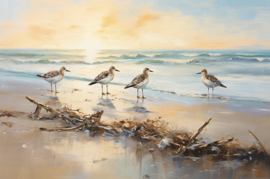 Driftwood Beach Scene with Sandpipers | Coastal Decor, Ocean Art Print, Seascape Painting for Beach Lovers