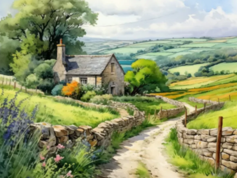 Irish Cottage Landscape Painting with Stone Wall - Peaceful Ireland Print for Cozy Home Decor or Housewarming Gift