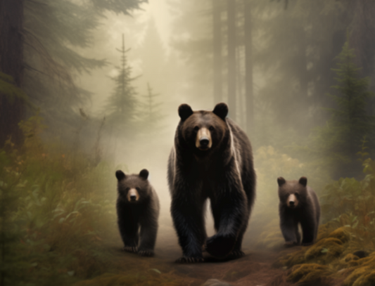 Bear Family in Misty Forest - Bear Wall Art, Wildlife Art Print, Forest Animal Art - Mother Bear and Cubs Print, Rustic Cabin Art - Perfect for Nature Lovers