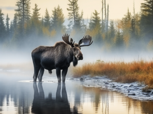 Moose in Misty Lake at Sunrise - Moose Wall Art, Wildlife Wall Art, Nature Wall Decor - Rustic Cabin Decor, Autumn Forest Print - Perfect for Nature Lovers