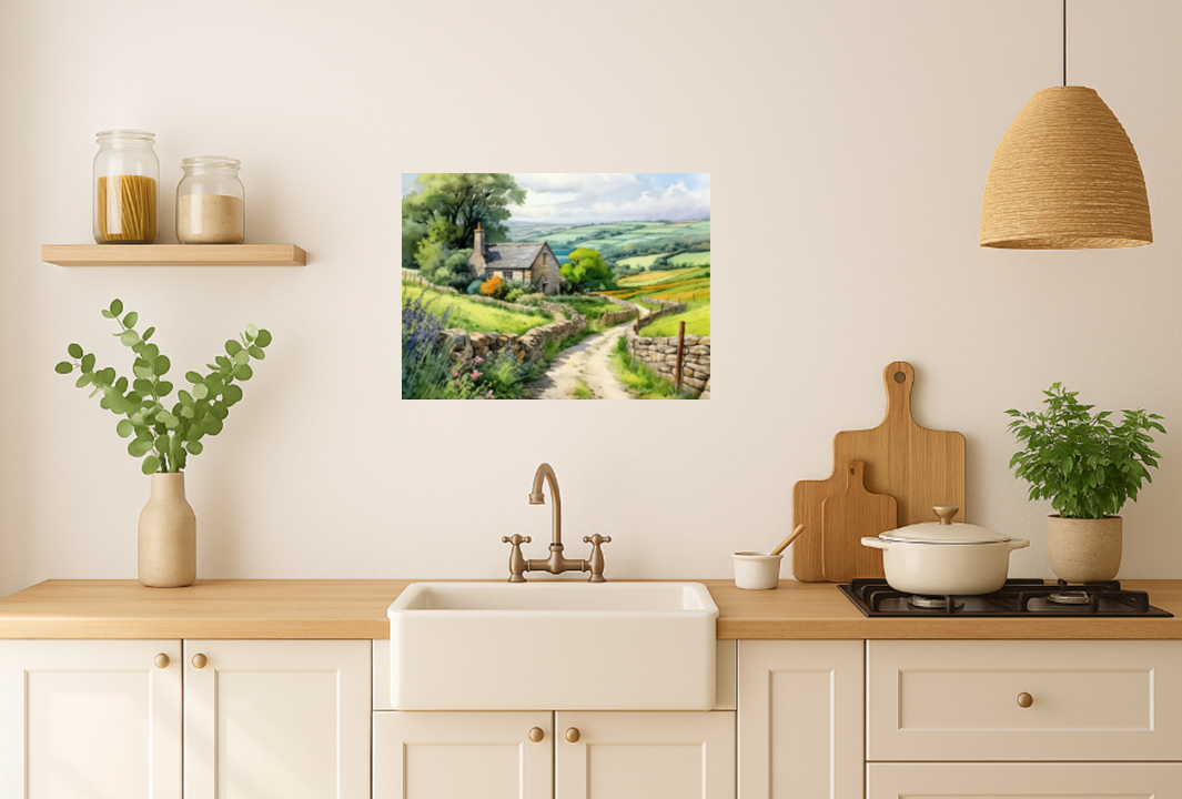 Irish Cottage Landscape Painting with Stone Wall - Peaceful Ireland Print for Cozy Home Decor or Housewarming Gift