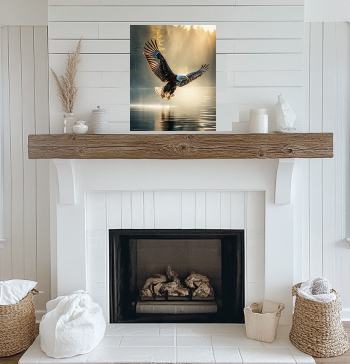 Majestic Bald Eagle Over Misty Lake - Bald Eagle Wall Art, Wildlife Print, Nature Wall Art, Forest Lake Wall Art, Sunrise Forest Art - Perfect for Nature Lovers and Rustic Cabin Decor