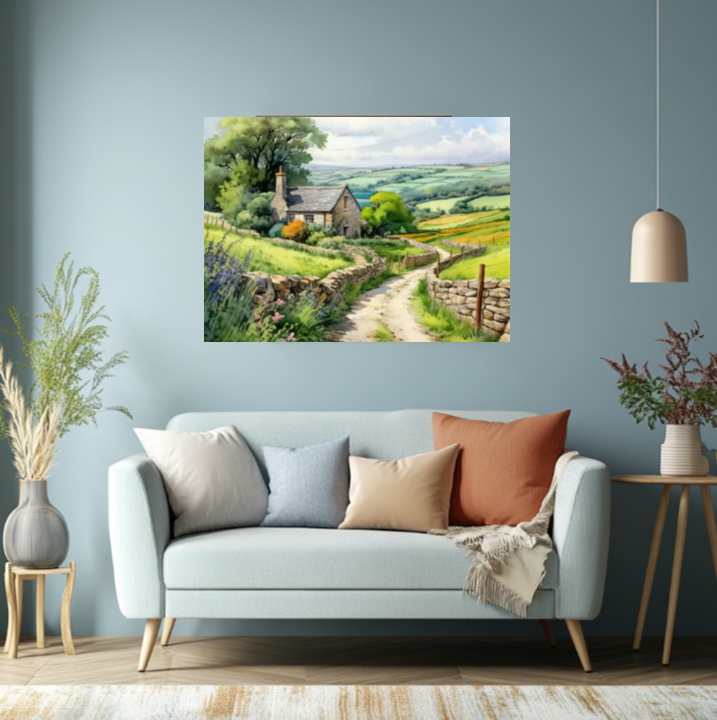 Irish Cottage Landscape Painting with Stone Wall - Peaceful Ireland Print for Cozy Home Decor or Housewarming Gift