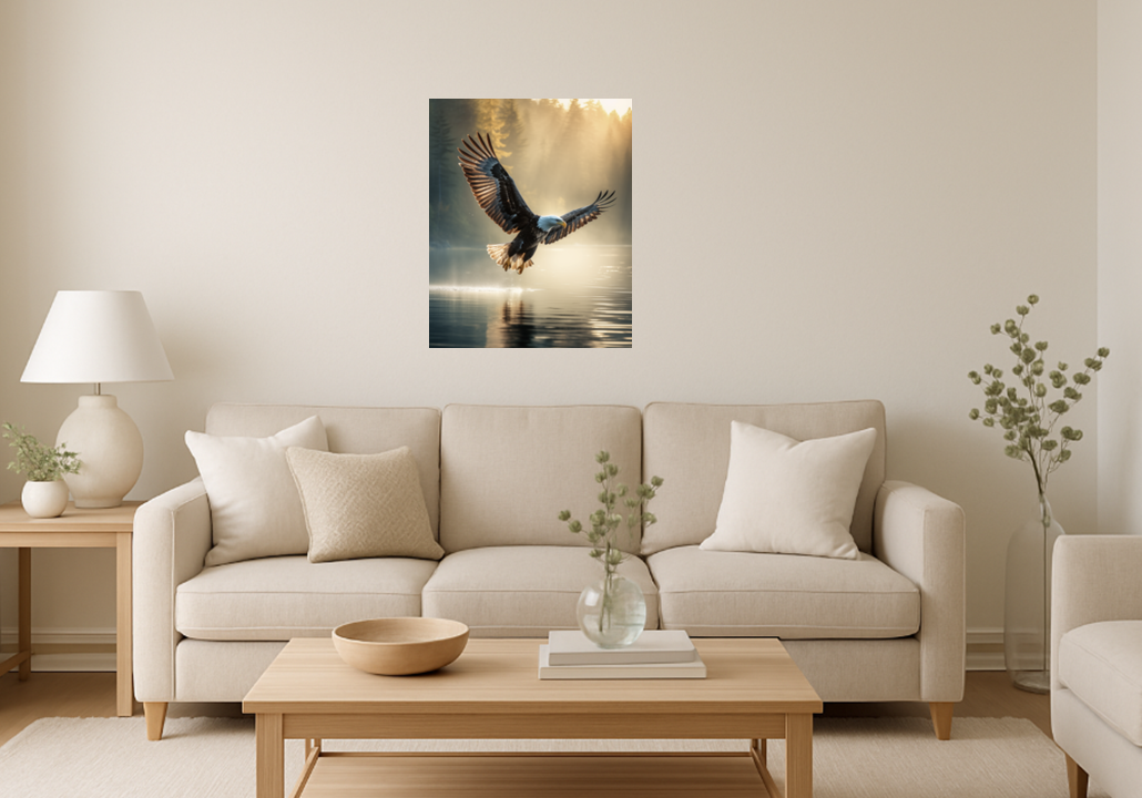Majestic Bald Eagle Over Misty Lake - Bald Eagle Wall Art, Wildlife Print, Nature Wall Art, Forest Lake Wall Art, Sunrise Forest Art - Perfect for Nature Lovers and Rustic Cabin Decor
