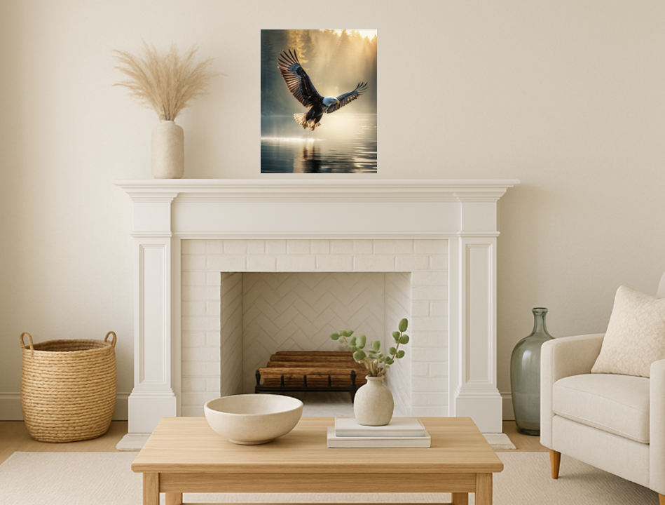 Majestic Bald Eagle Over Misty Lake - Bald Eagle Wall Art, Wildlife Print, Nature Wall Art, Forest Lake Wall Art, Sunrise Forest Art - Perfect for Nature Lovers and Rustic Cabin Decor