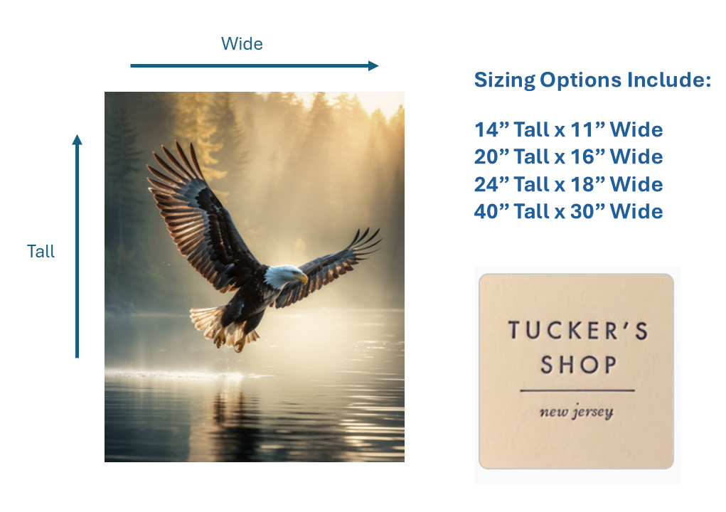 Majestic Bald Eagle Over Misty Lake - Bald Eagle Wall Art, Wildlife Print, Nature Wall Art, Forest Lake Wall Art, Sunrise Forest Art - Perfect for Nature Lovers and Rustic Cabin Decor