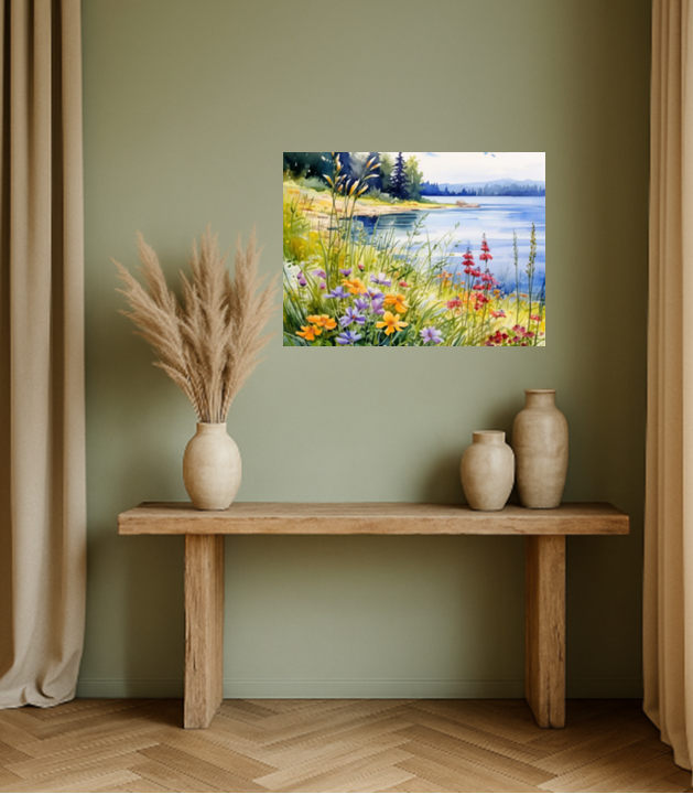 Beautiful Botanical Wildflowers Overlooking a Peaceful Lake Watercolor Canvas Print Wall Art Floral Decor or the Perfect Housewarming Gift